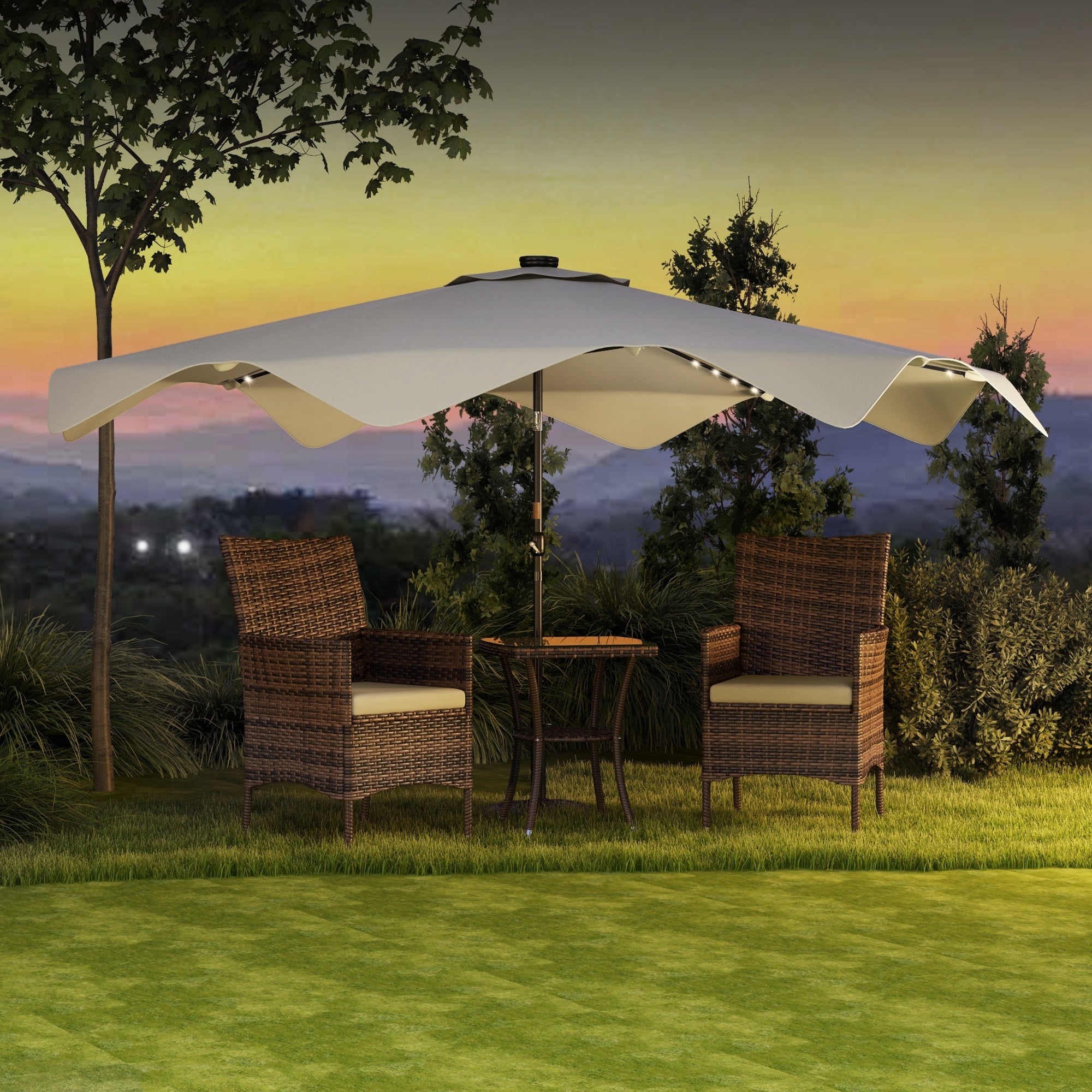 Garden Umbrella Ø292x248 cm Manual Terrace Parasol with 32 Solar LED Lights 8 Rods Adjustable Angle Waterproof and Ventilation Grids for Patio Balcony Cream