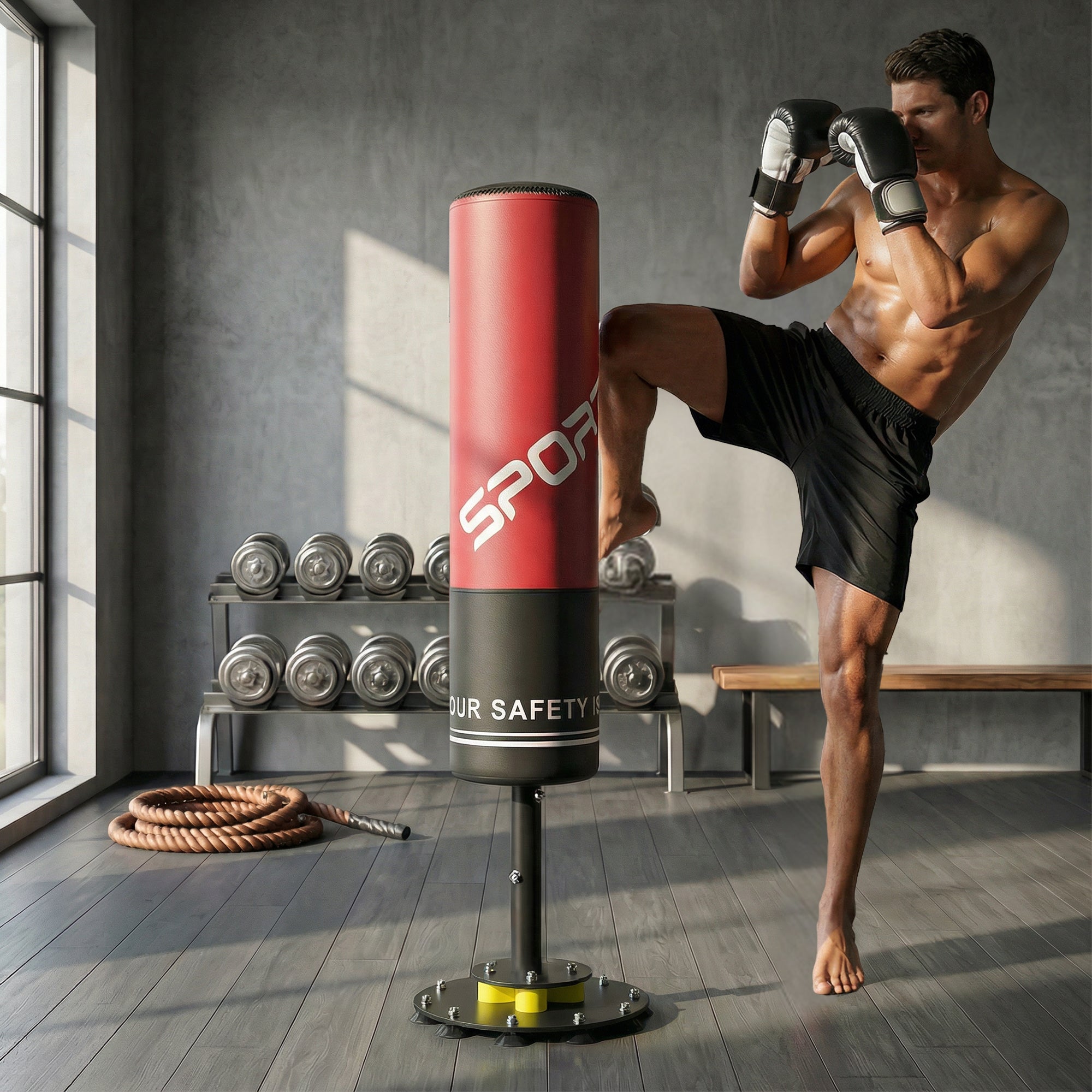 SPORTNOW 53 in (135 cm) Freestanding Punching Bag – Red/Black, Shock-Absorbing Base, 10 Suction Cups, Kickboxing & MMA Trainer for Adults