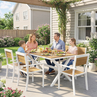 7-Piece Outdoor Dining Set — Rectangular Table with 6 Stackable Chairs, Teak-Effect Synthetic Wood Slats, Aluminum Frame, Space-Saving, Weather-Resistant