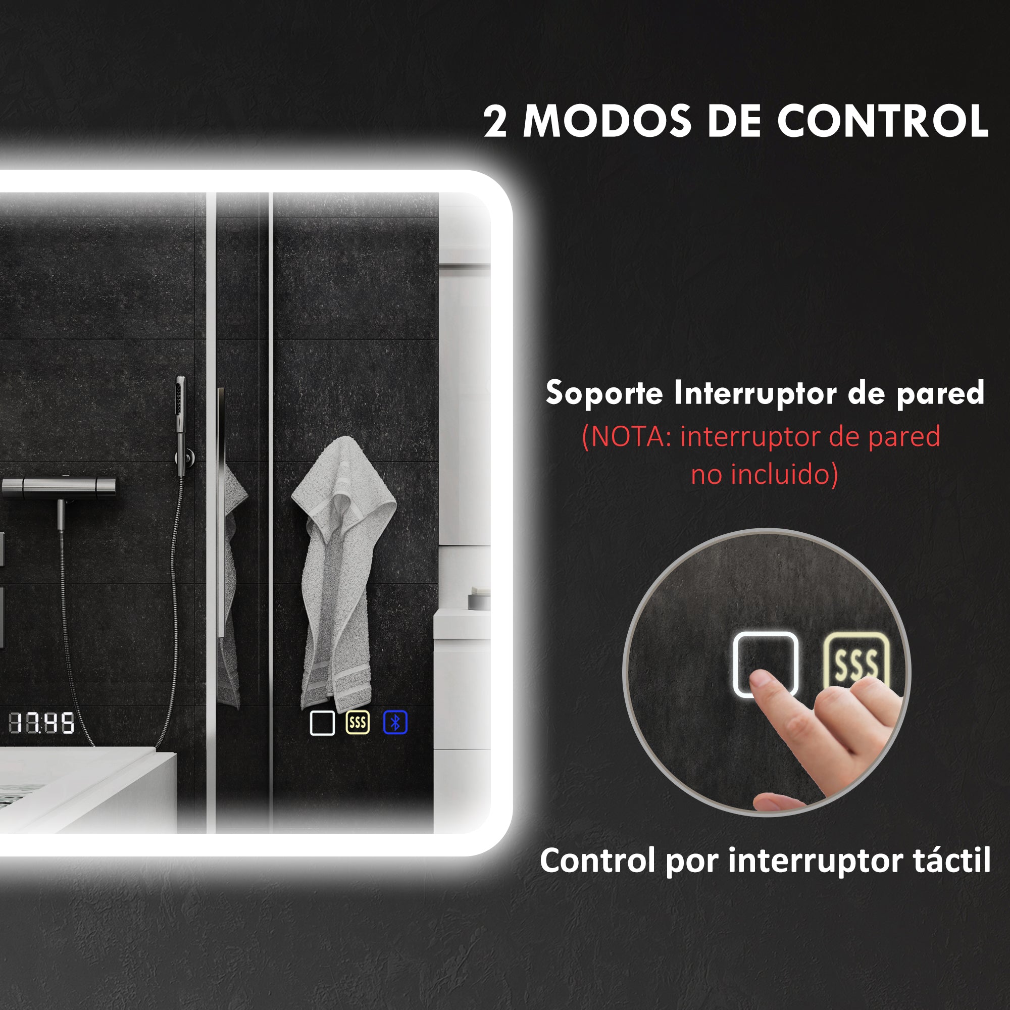 Bathroom Mirror with LED Light Bluetooth 80x60 cm Wall Mirror with 3 Light Colors Anti-fog Function Memory Function Touch Switch IP44
