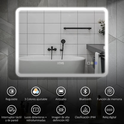 Bathroom Mirror with LED Light Bluetooth 80x60 cm Wall Mirror with 3 Light Colors Anti-fog Function Memory Function Touch Switch IP44