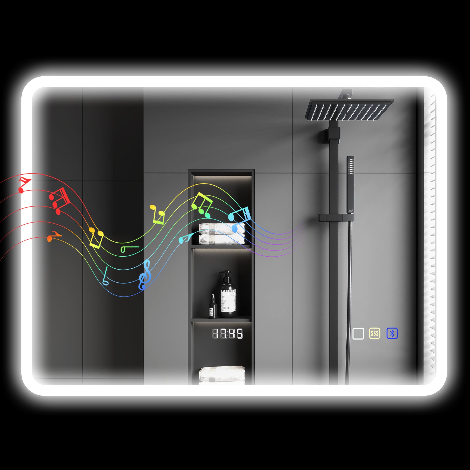 Bathroom Mirror with LED Light Bluetooth 80x60 cm Wall Mirror with 3 Light Colors Anti-fog Function Memory Function Touch Switch IP44
