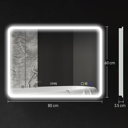 Bathroom Mirror with LED Light Bluetooth 80x60 cm Wall Mirror with 3 Light Colors Anti-fog Function Memory Function Touch Switch IP44