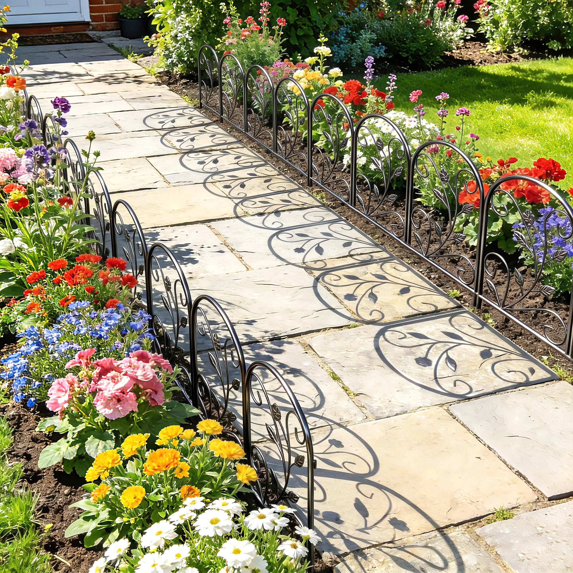 Metal Garden Fence Panel Set, 31.5 x 23.6 in Each (13.1 ft Total) – Decorative Arched Top Landscape & Pet Barrier, Black