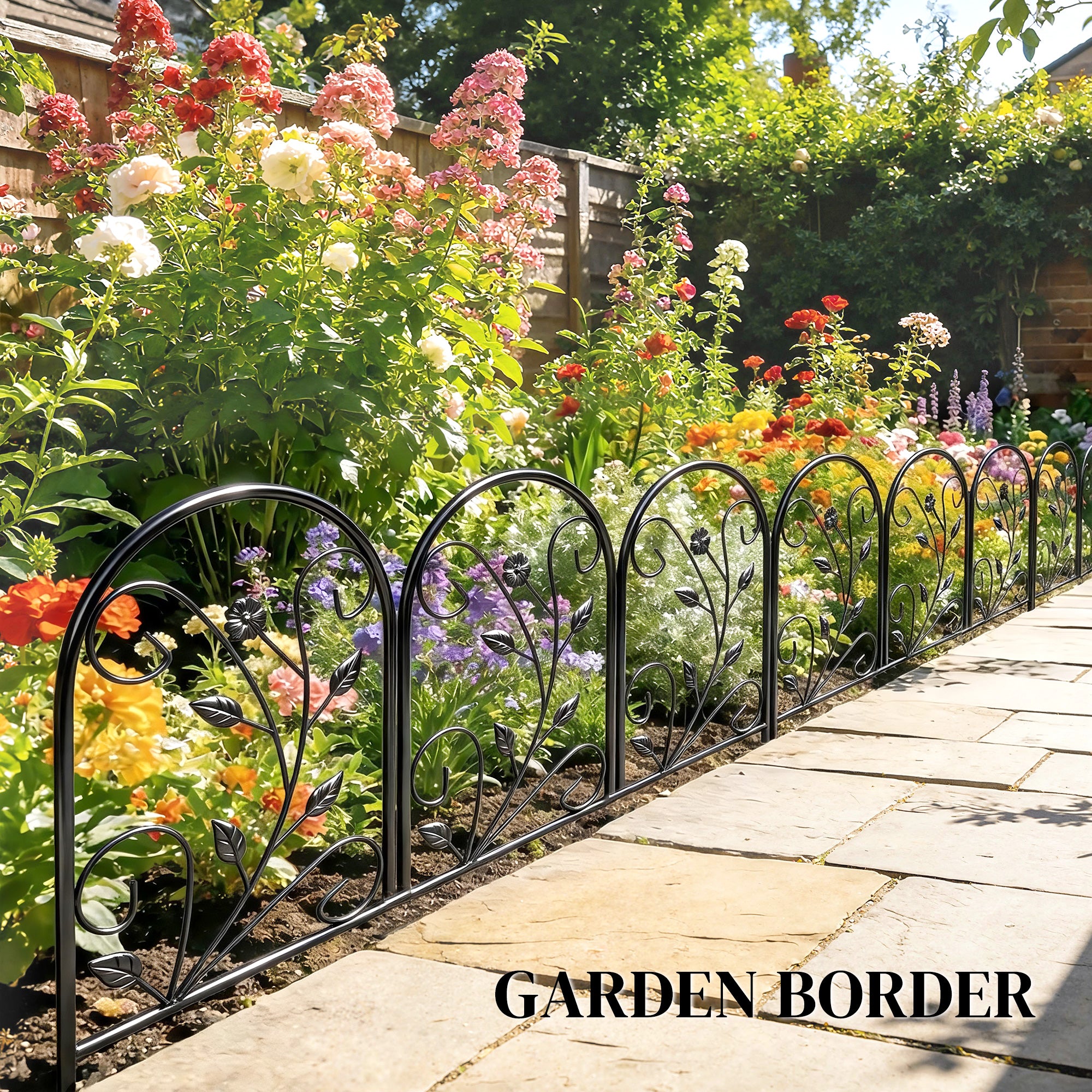 Metal Garden Fence Panel Set, 31.5 x 23.6 in Each (13.1 ft Total) – Decorative Arched Top Landscape & Pet Barrier, Black