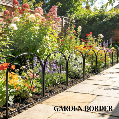 Metal Garden Fence Panel Set, 31.5 x 23.6 in Each (13.1 ft Total) – Decorative Arched Top Landscape & Pet Barrier, Black
