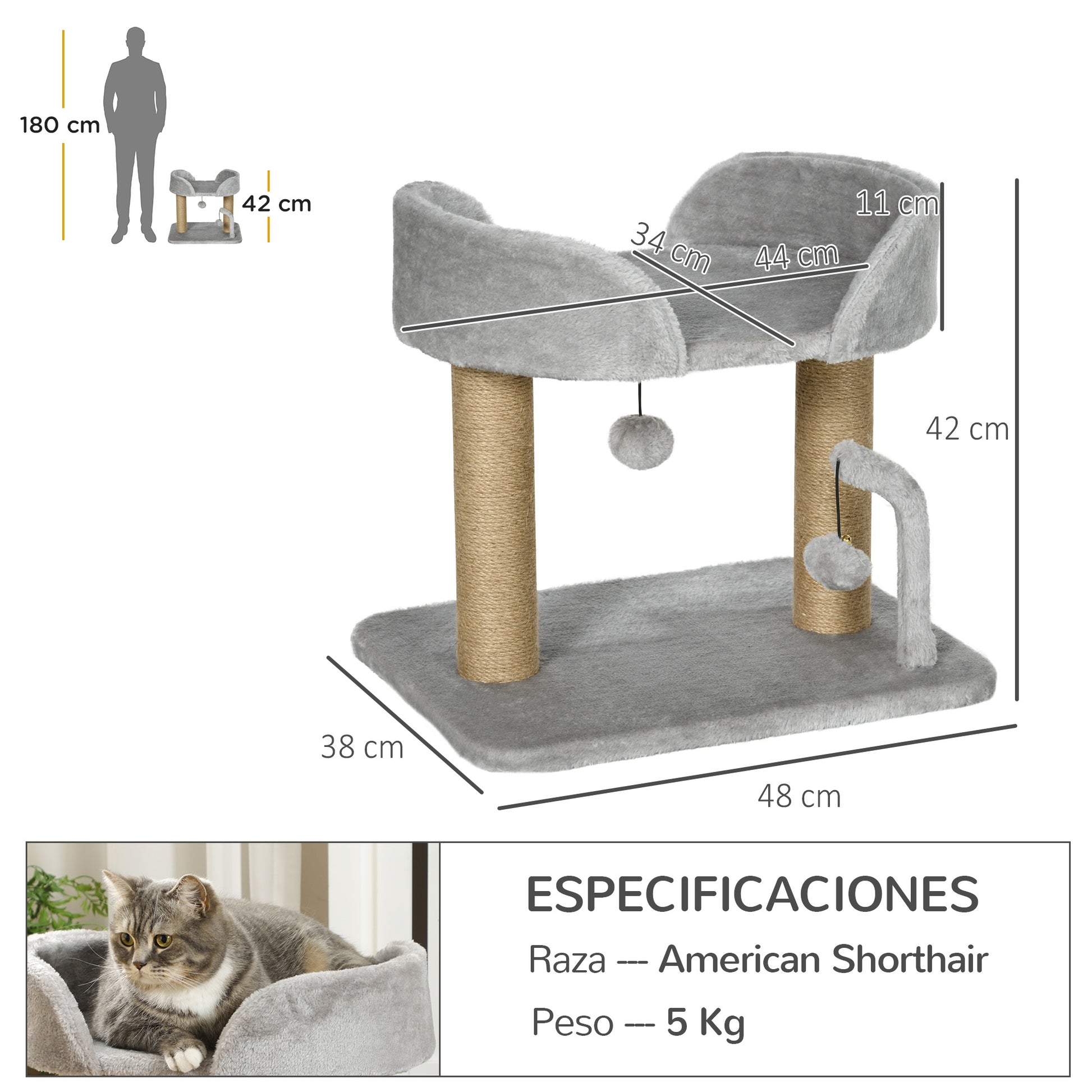 Small Cat Scratching Tree 42 cm Height Cat Tree with Nest Hanging Balls and Sisal Posts 48x38x42 cm Light Gray