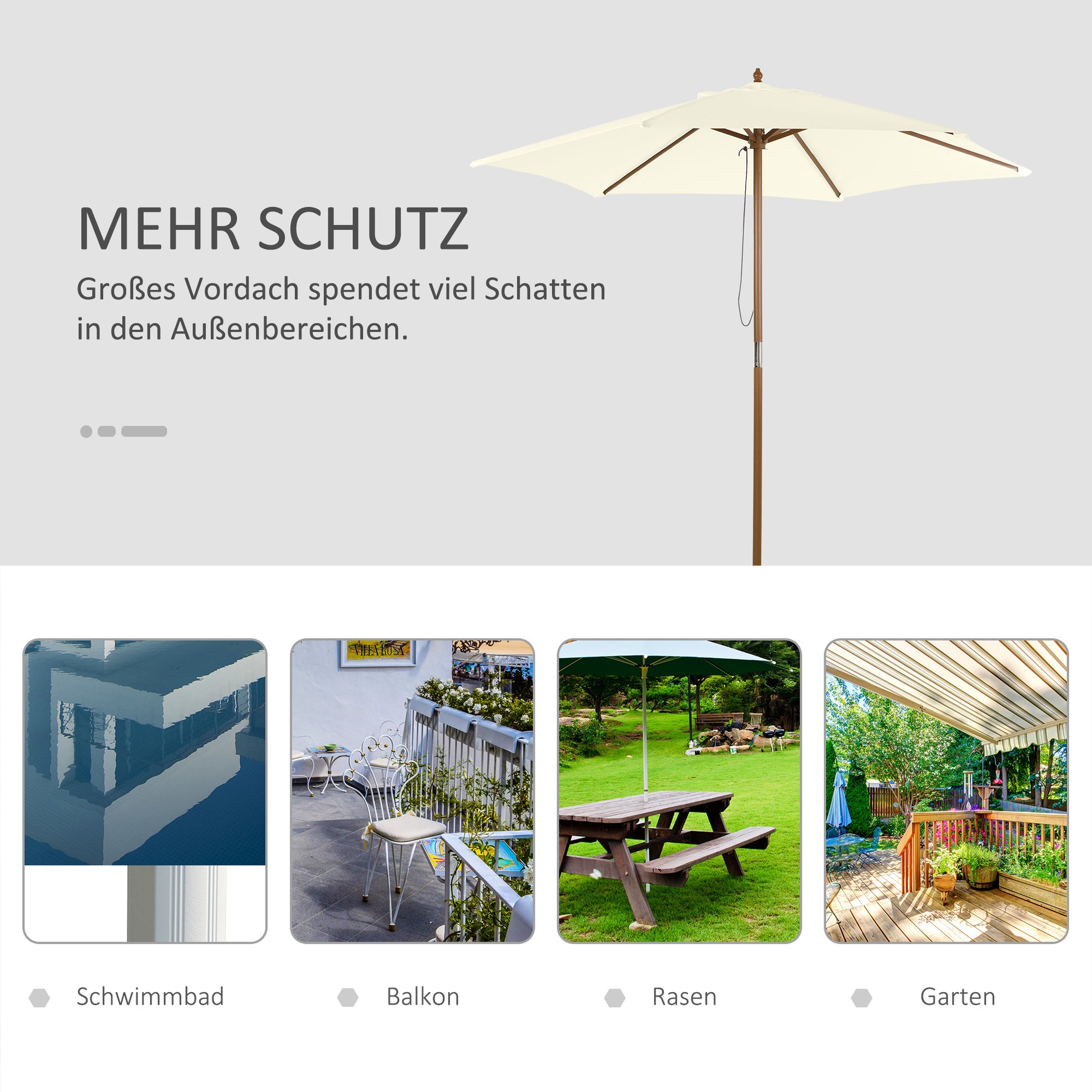 Parasol Ø 250 cm, Parasol with pulley mechanism Balcony beach umbrella made of bamboo windproof Market umbrella Sun protection for balcony terrace garden, White