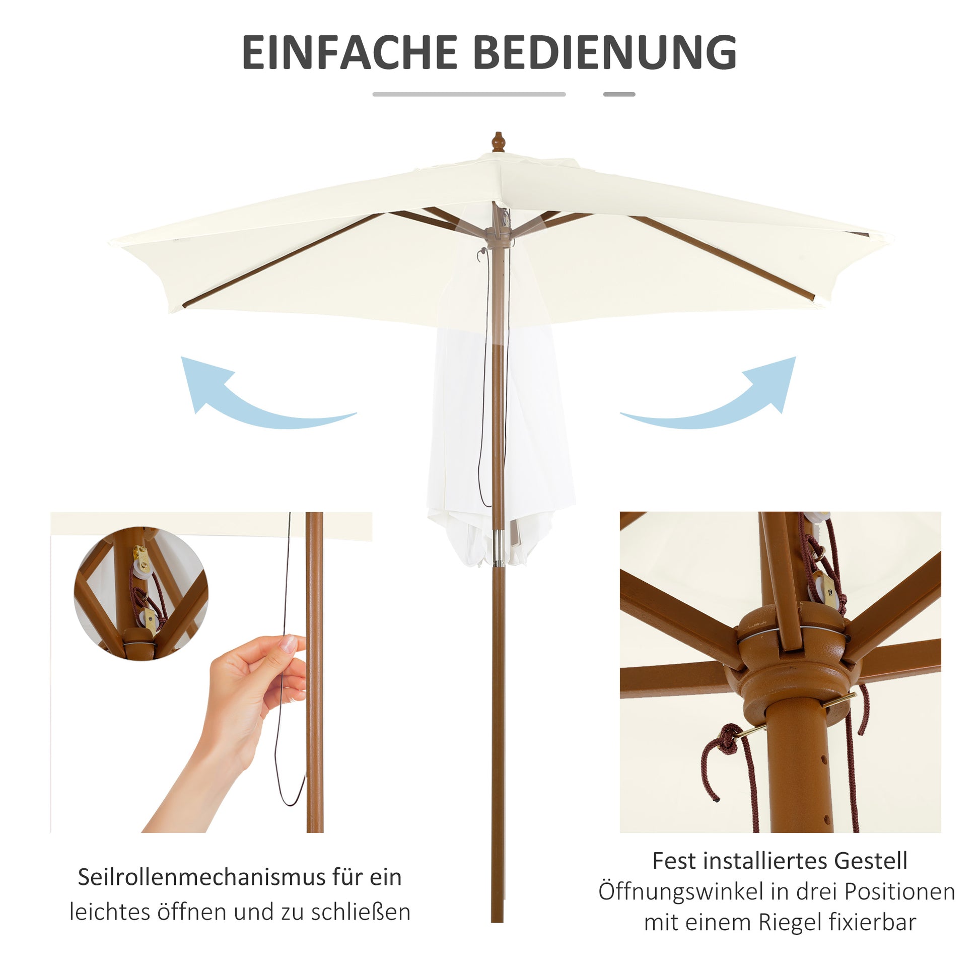 Parasol Ø 250 cm, Parasol with pulley mechanism Balcony beach umbrella made of bamboo windproof Market umbrella Sun protection for balcony terrace garden, White