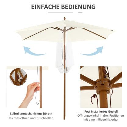 Parasol Ø 250 cm, Parasol with pulley mechanism Balcony beach umbrella made of bamboo windproof Market umbrella Sun protection for balcony terrace garden, White