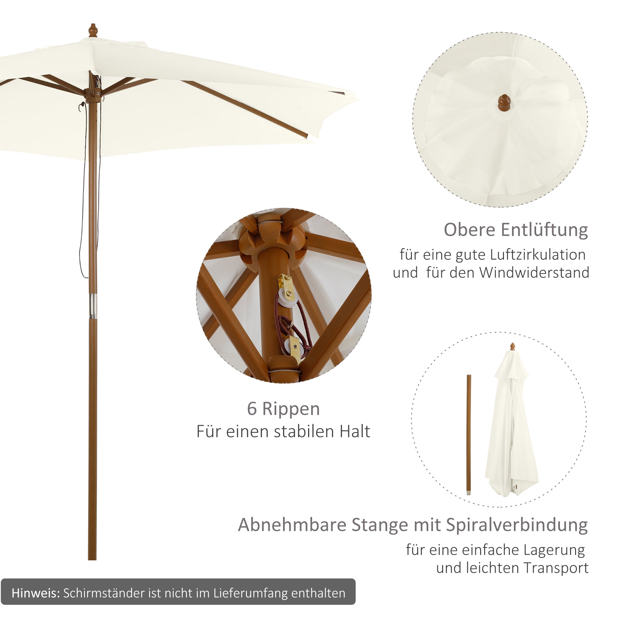 Parasol Ø 250 cm, Parasol with pulley mechanism Balcony beach umbrella made of bamboo windproof Market umbrella Sun protection for balcony terrace garden, White