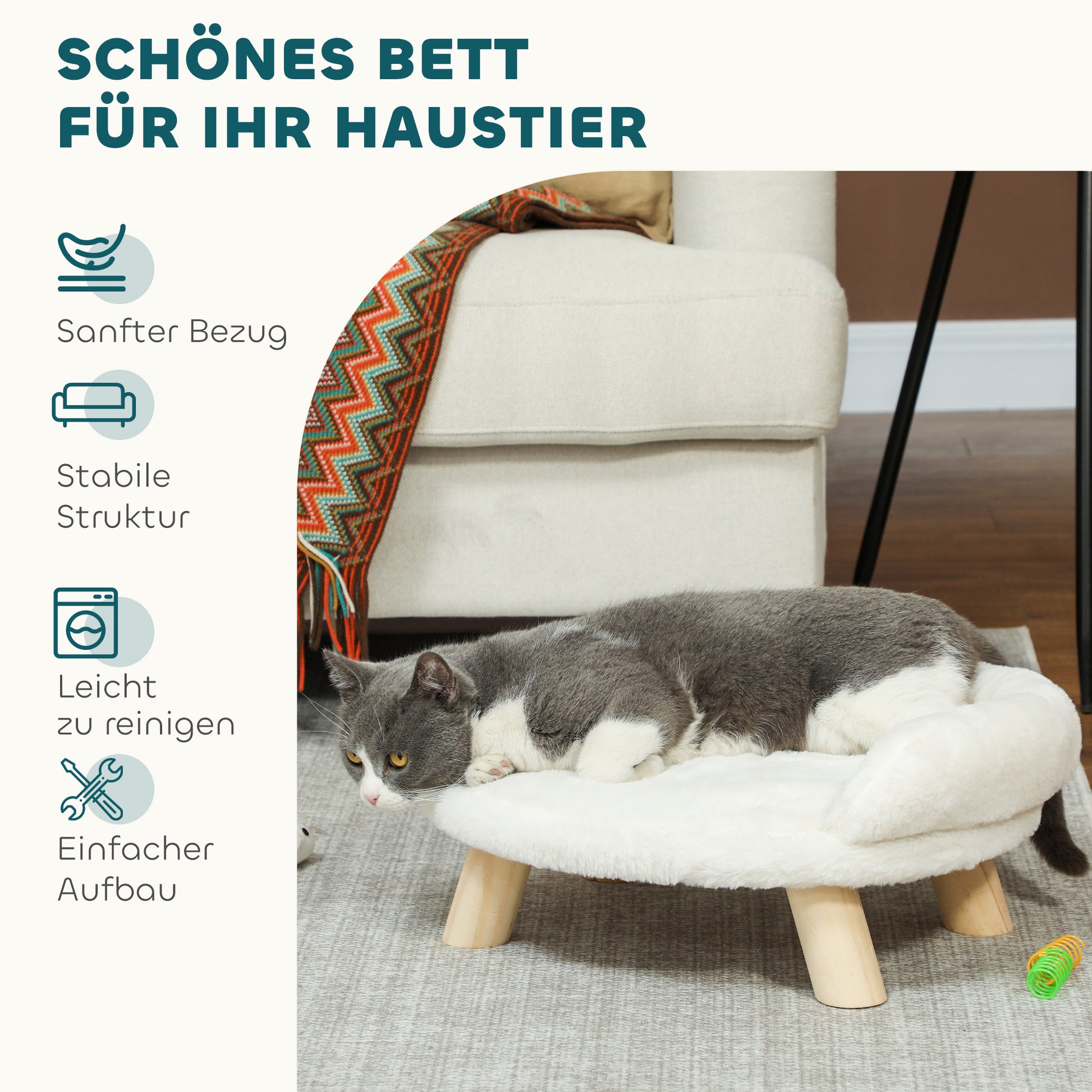 Dog Sofa, Dog Bed, Pet Sofa with Elevated Design, Dog Couch, Cat Sofa, Dog Chair with Wooden Legs, Flannel, Cream, 47 x 40 x 20 cm