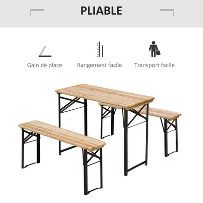 Folding Portable Camping Picnic Table + 2 Folding Benches Epoxy Metal Black Solid Fir Wood