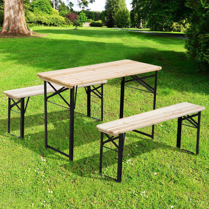Folding Portable Camping Picnic Table + 2 Folding Benches Epoxy Metal Black Solid Fir Wood