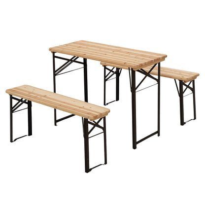 Folding Portable Camping Picnic Table + 2 Folding Benches Epoxy Metal Black Solid Fir Wood