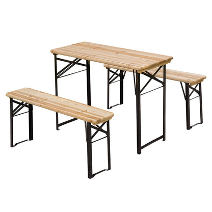 Folding Portable Camping Picnic Table + 2 Folding Benches Epoxy Metal Black Solid Fir Wood