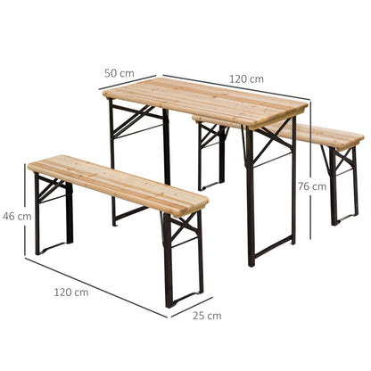 Folding Portable Camping Picnic Table + 2 Folding Benches Epoxy Metal Black Solid Fir Wood