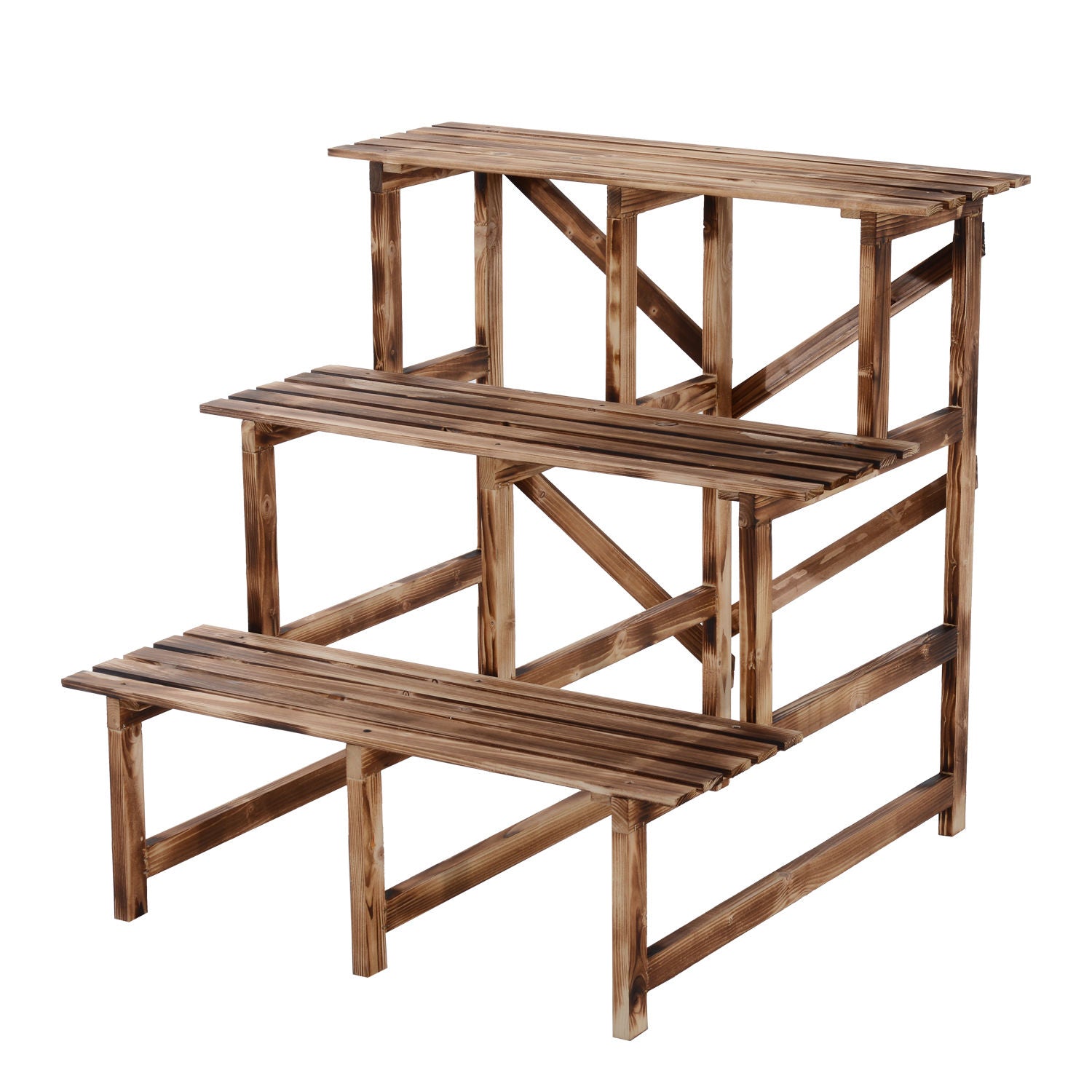 3-Tier Plant Stand, Foldable 78 cm High Flower Stand for Indoor Outdoor, Wooden Plant Shelf, Flower Pot Stand with Trays, Flower Stand for Living Room, Garden Balcony, Natural Wood