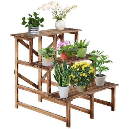 3-Tier Plant Stand, Foldable 78 cm High Flower Stand for Indoor Outdoor, Wooden Plant Shelf, Flower Pot Stand with Trays, Flower Stand for Living Room, Garden Balcony, Natural Wood