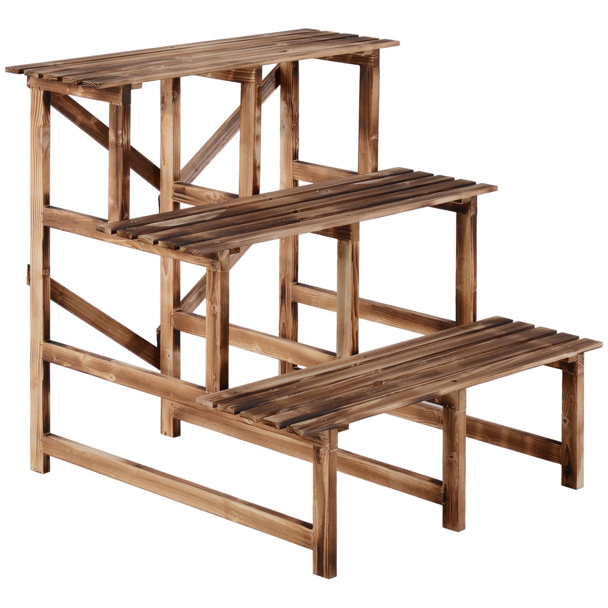 3-Tier Plant Stand, Foldable 78 cm High Flower Stand for Indoor Outdoor, Wooden Plant Shelf, Flower Pot Stand with Trays, Flower Stand for Living Room, Garden Balcony, Natural Wood