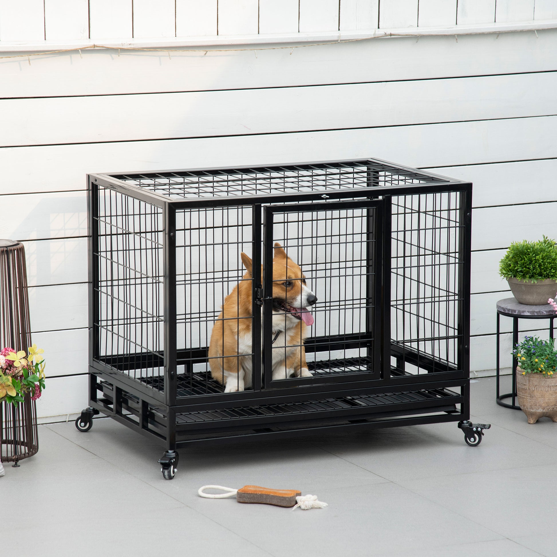 Metal Cage for Dogs with Wheels and Brakes Removable Tray and Door with Latch for Golden Retriever Labrador 92x62x75 cm Black