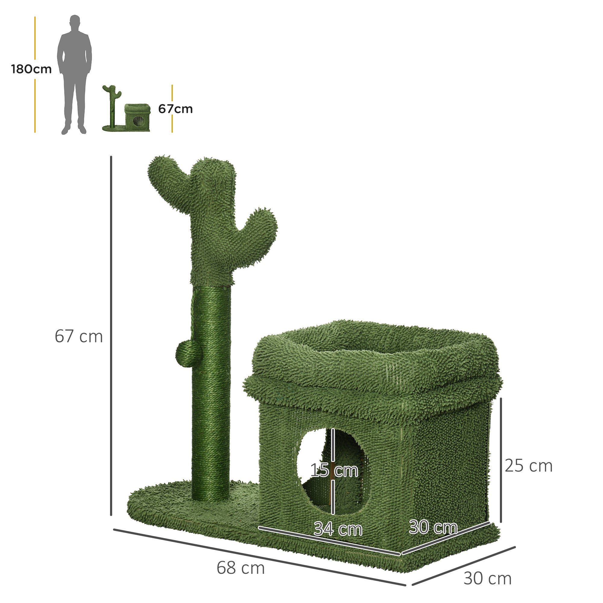 Cactus Design Cat Scratching Tree Height 67 cm Cat Tower with Bed Plush House Sisal Post and Hanging Ball 68x30x67 cm Green