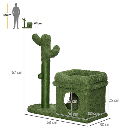 Cactus Design Cat Scratching Tree Height 67 cm Cat Tower with Bed Plush House Sisal Post and Hanging Ball 68x30x67 cm Green