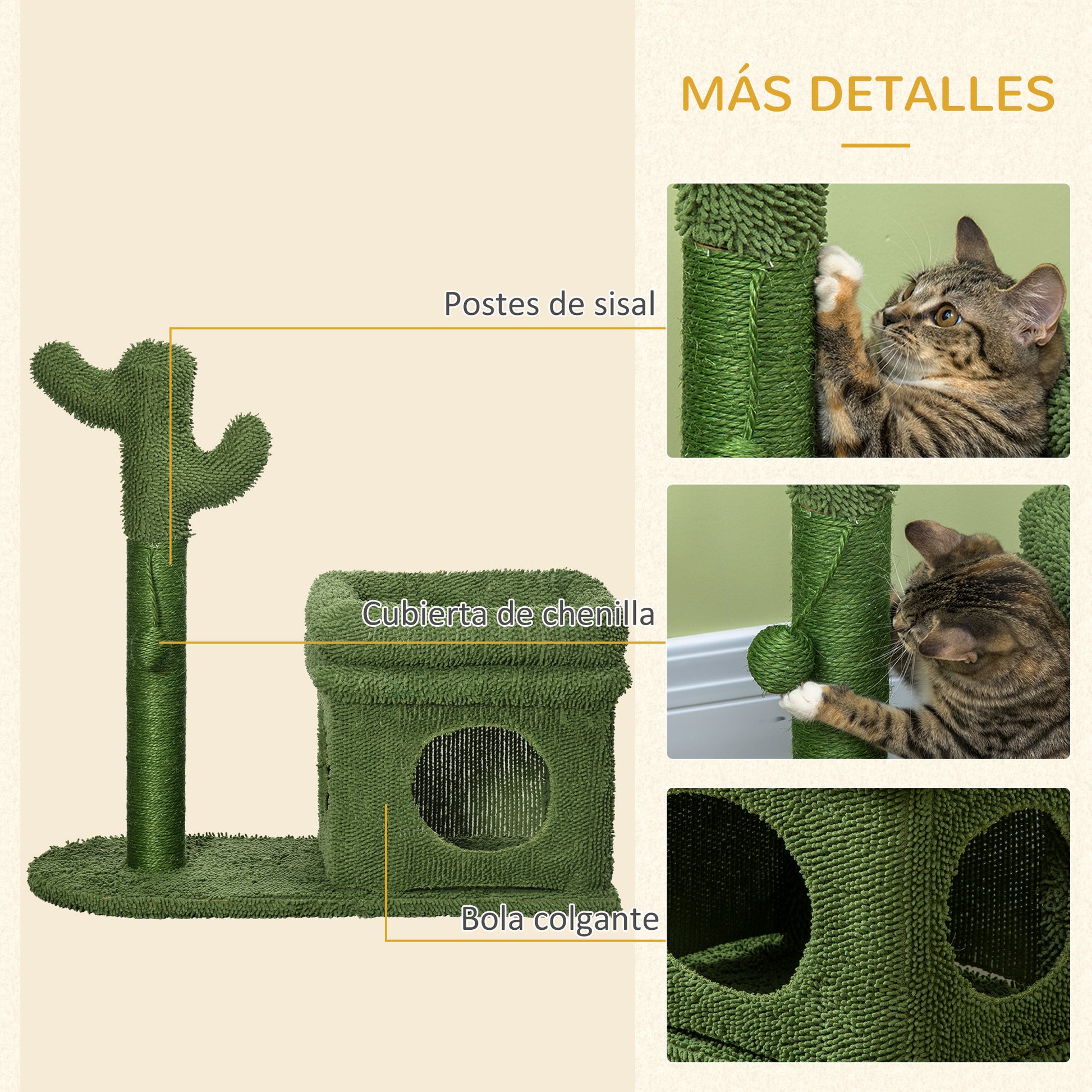 Cactus Design Cat Scratching Tree Height 67 cm Cat Tower with Bed Plush House Sisal Post and Hanging Ball 68x30x67 cm Green
