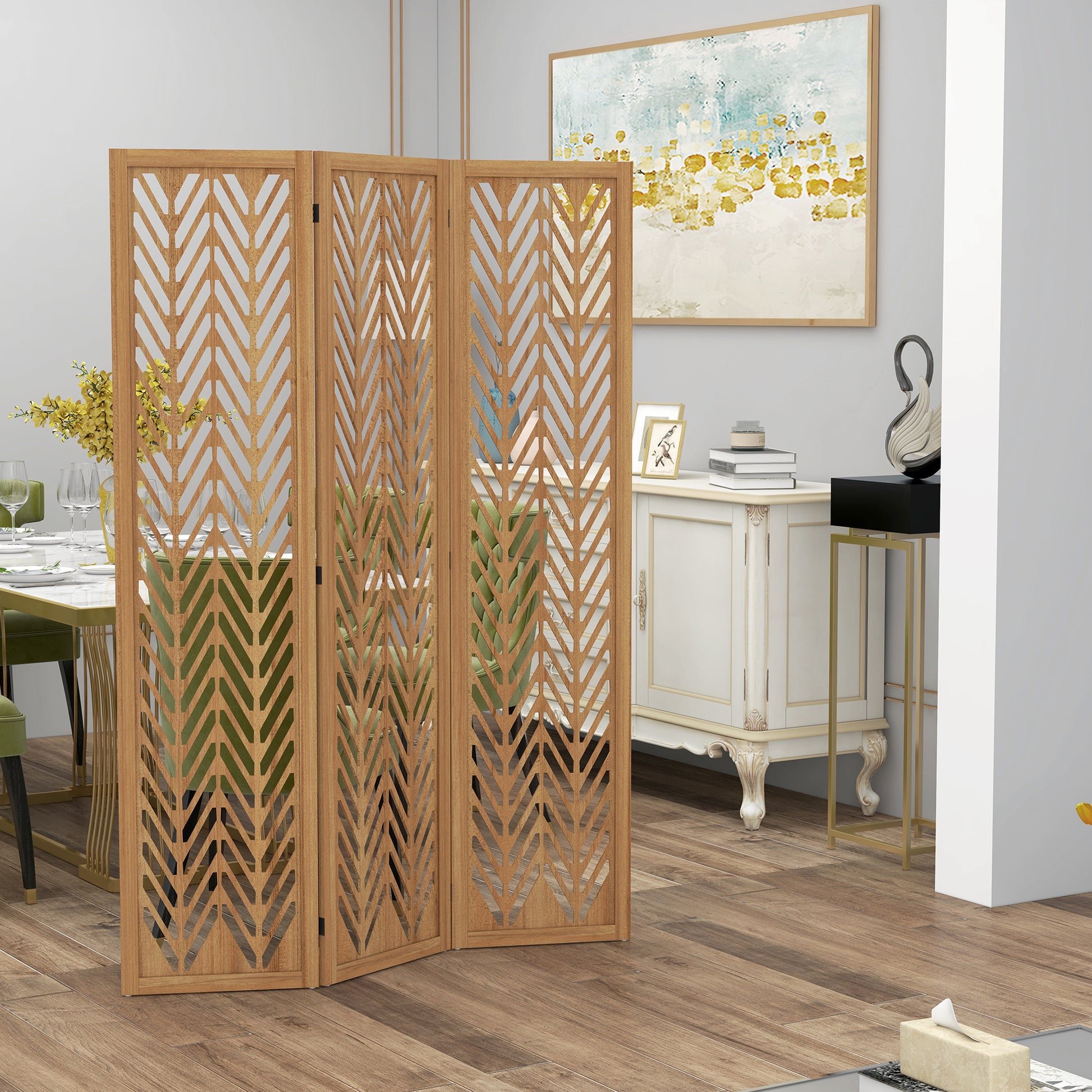 3-Panel Foldable Room Divider 120x1.7x170 cm Natural Wood Geometric Pattern Room Partition for Office Bedroom