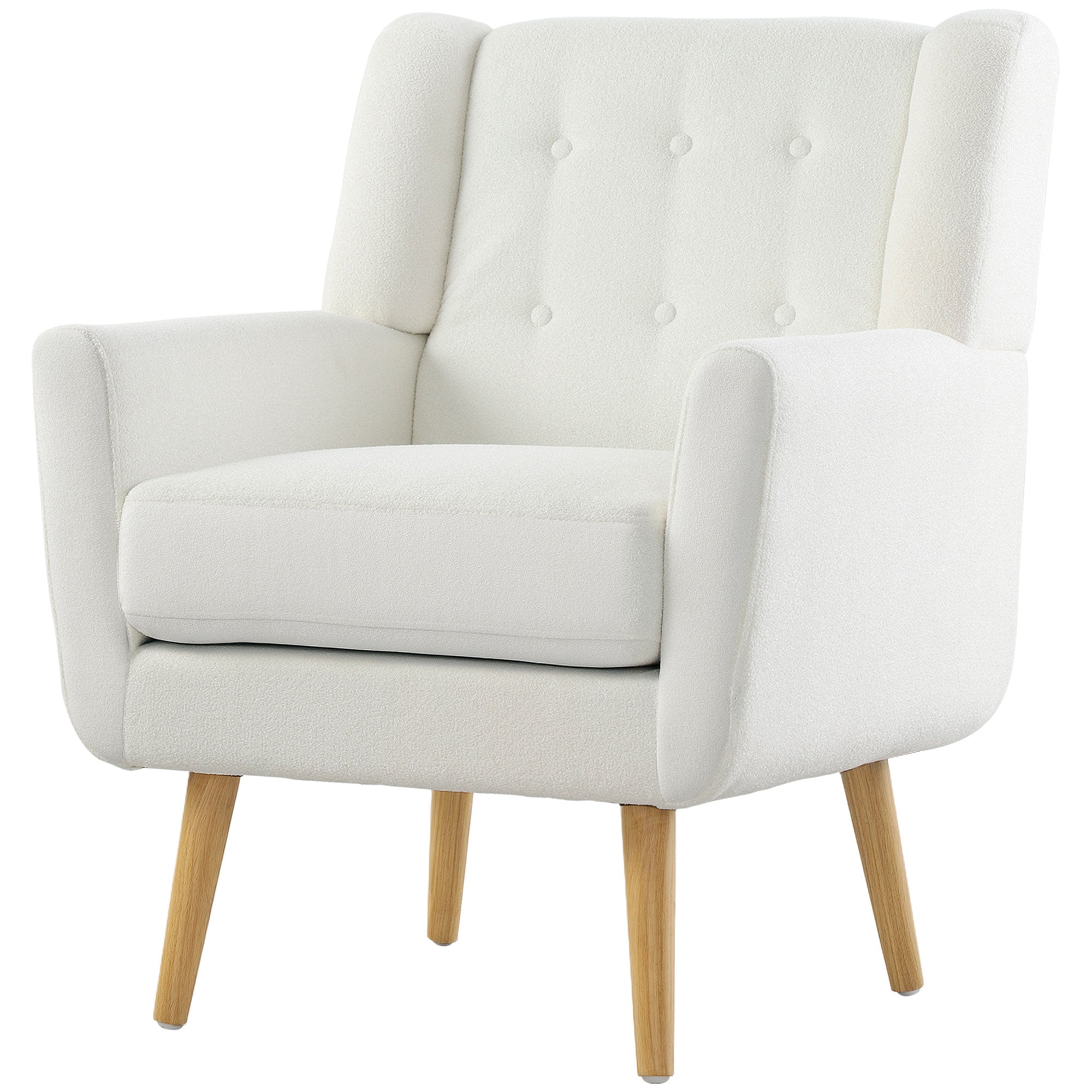 Armchair Living Room Wingback Chair Tufted Lounge Chair with Teddy Fleece Look, Wood Legs, Upholstered Chair for Bedroom, White