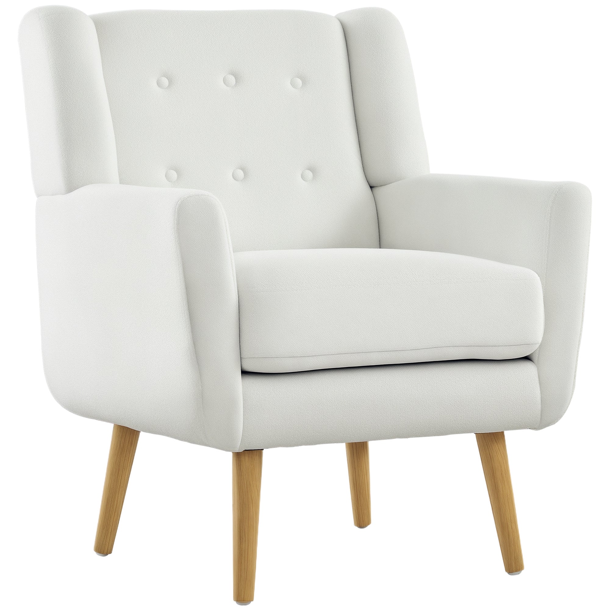 Armchair Living Room Wingback Chair Tufted Lounge Chair with Teddy Fleece Look, Wood Legs, Upholstered Chair for Bedroom, White