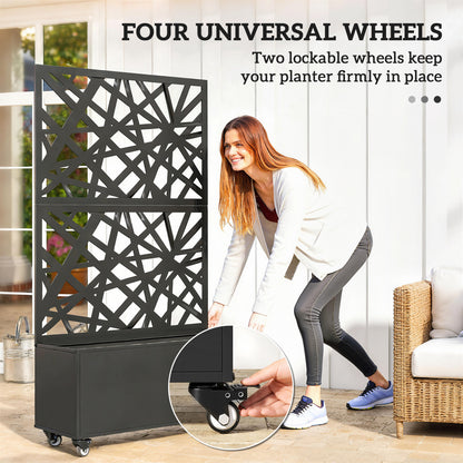 Elevated Outdoor Metal Planter with Trellis & Wheels — Drainage Holes, for Flowers & Vegetables, Garden & Balcony, 35.4×11.8×63 in, Black