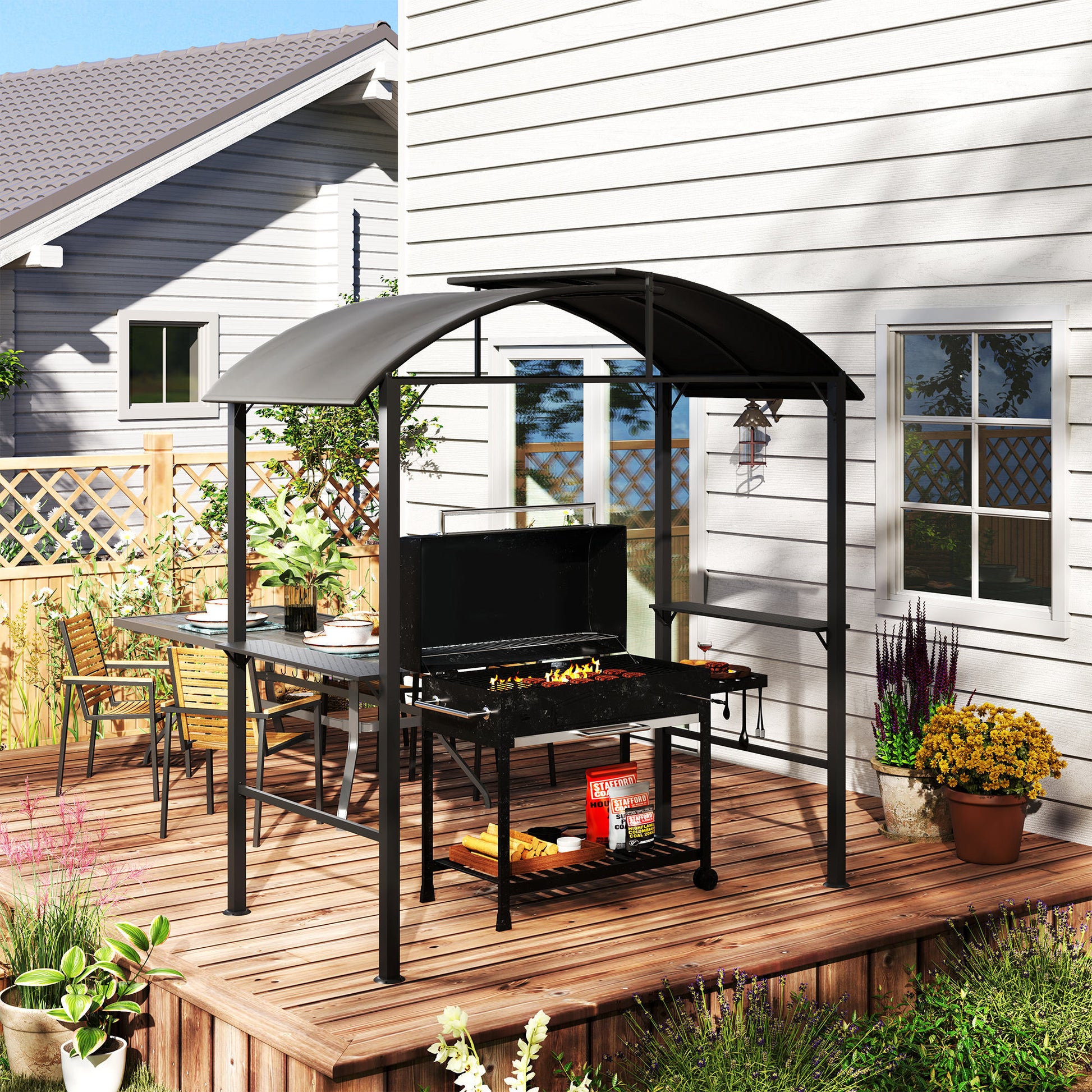 BBQ Pavilion 233 x 110 x 235 cm Windproof Garden Pavilion with Double Roof, Shelves, Garden Pavilion with UV Protection, BBQ Pavilion made of Steel, Garden Tent BBQ Tent for Party BBQ, Dark Grey