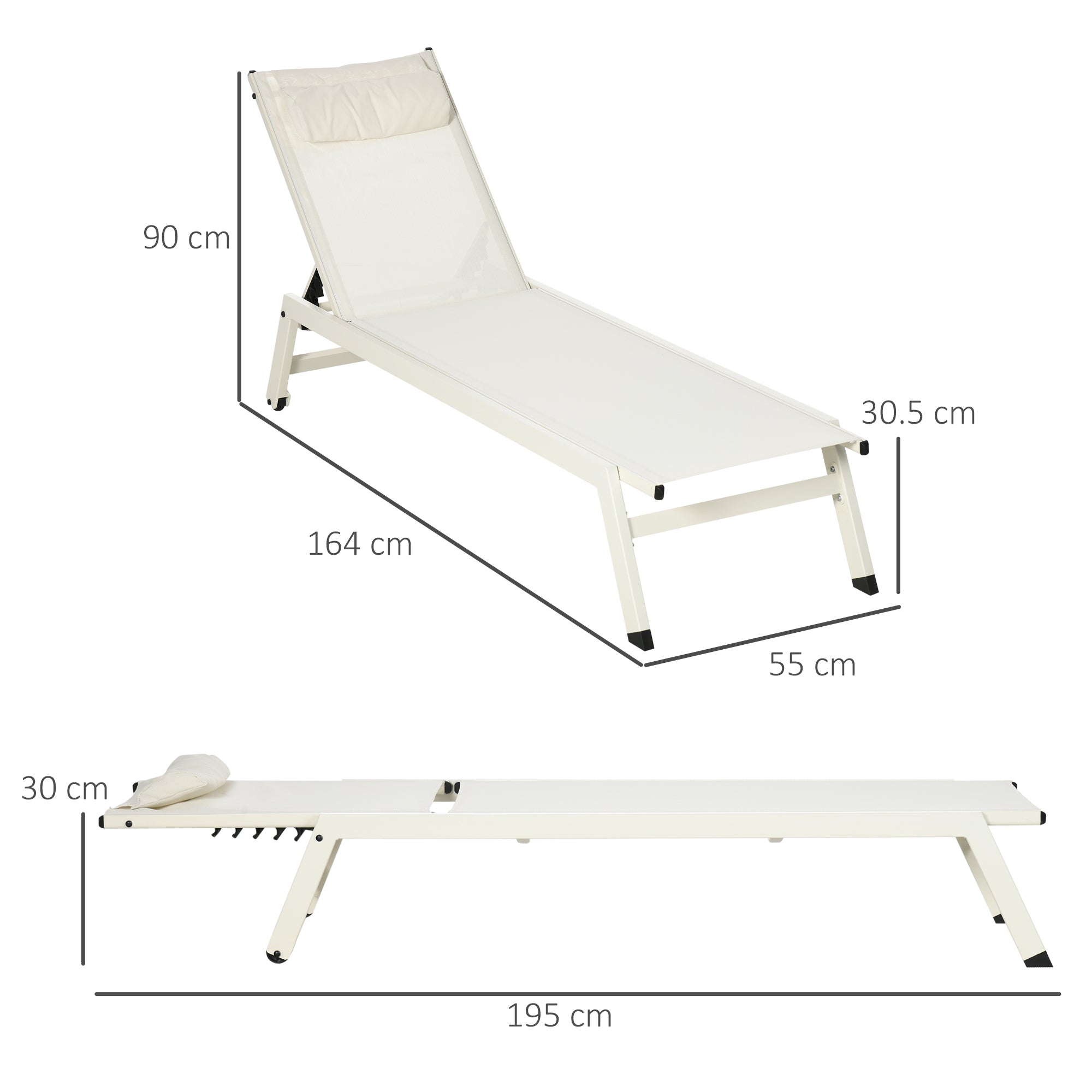 Aluminum and Polyester Sun Lounger Chaise Longue Set 2 Pieces Beige for Garden with 5 Reclining Levels, 55x195x30 cm