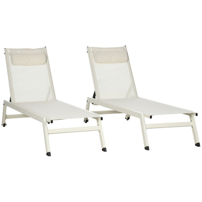 Aluminum and Polyester Sun Lounger Chaise Longue Set 2 Pieces Beige for Garden with 5 Reclining Levels, 55x195x30 cm
