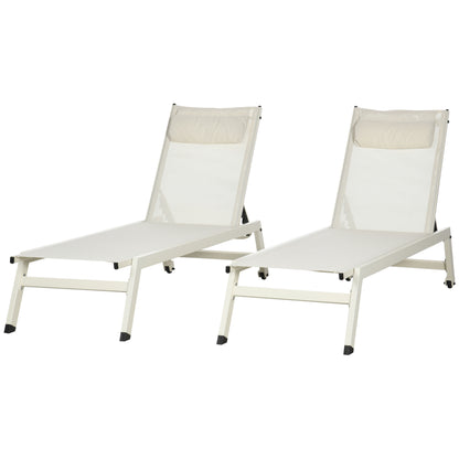Aluminum and Polyester Sun Lounger Chaise Longue Set 2 Pieces Beige for Garden with 5 Reclining Levels, 55x195x30 cm