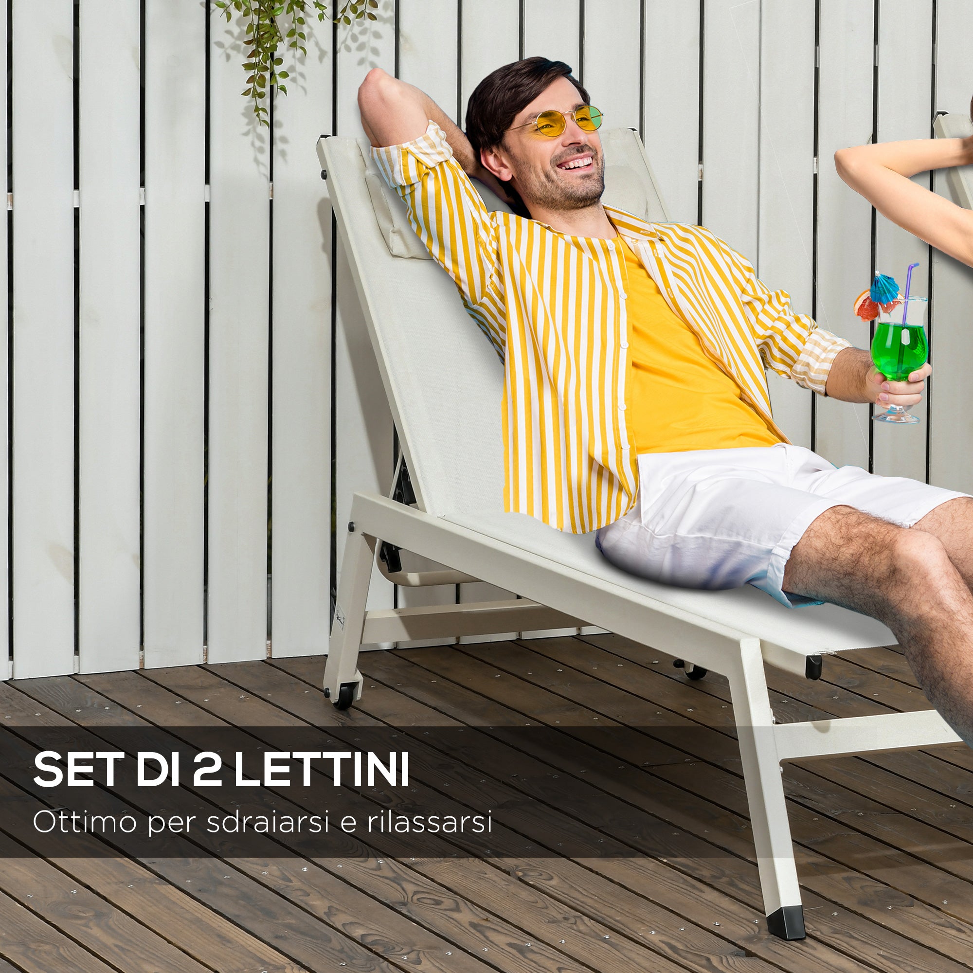 Aluminum and Polyester Sun Lounger Chaise Longue Set 2 Pieces Beige for Garden with 5 Reclining Levels, 55x195x30 cm
