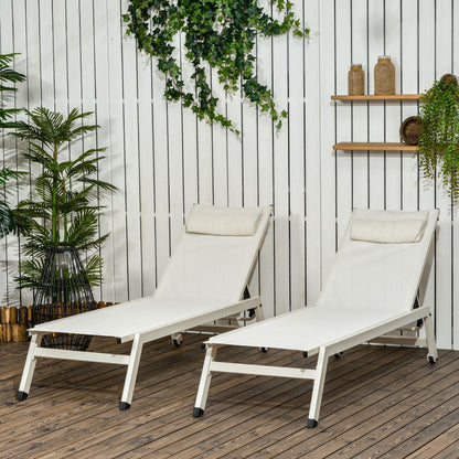 Aluminum and Polyester Sun Lounger Chaise Longue Set 2 Pieces Beige for Garden with 5 Reclining Levels, 55x195x30 cm