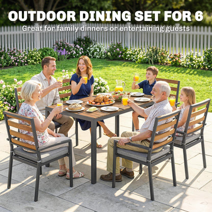 7-Piece Outdoor Dining Set — 1 Table & 6 Cushioned Chairs, Natural Wood Finish