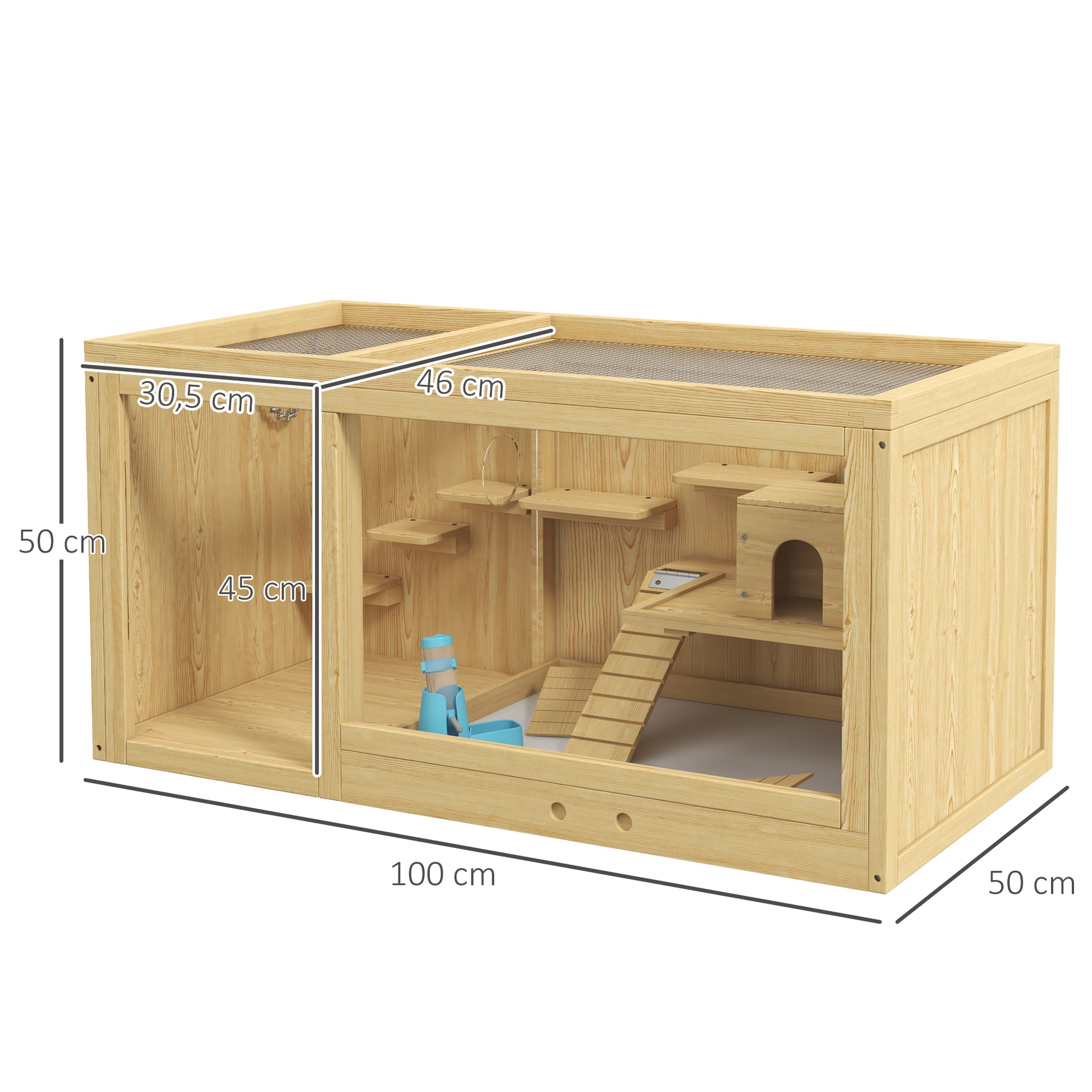 Wooden Hamster Cage Rodent Cage Small Animal Cage with Folding Lid Swings, Ladders Feeding Bowl and Accessories, Wooden Cage Cage for Hamster Dwarf Hamster Gerbil 100 x 50 x 50cm Natural