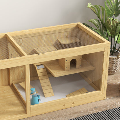 Wooden Hamster Cage Rodent Cage Small Animal Cage with Folding Lid Swings, Ladders Feeding Bowl and Accessories, Wooden Cage Cage for Hamster Dwarf Hamster Gerbil 100 x 50 x 50cm Natural