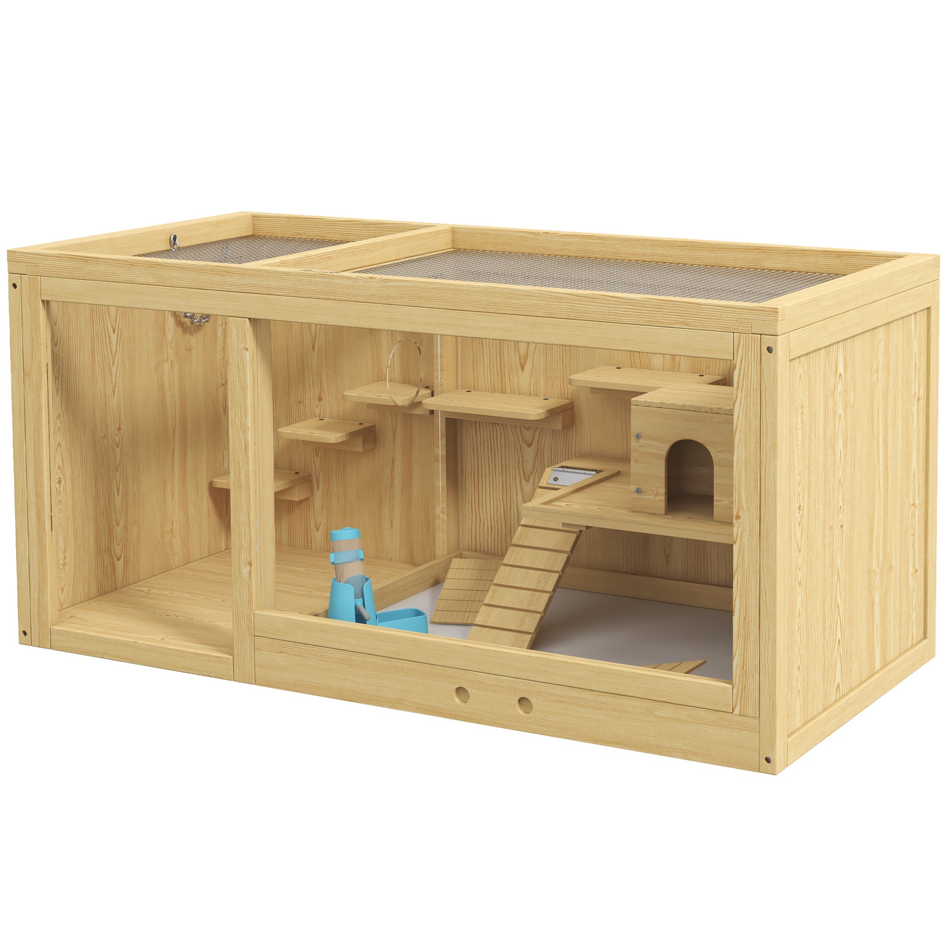 Wooden Hamster Cage Rodent Cage Small Animal Cage with Folding Lid Swings, Ladders Feeding Bowl and Accessories, Wooden Cage Cage for Hamster Dwarf Hamster Gerbil 100 x 50 x 50cm Natural