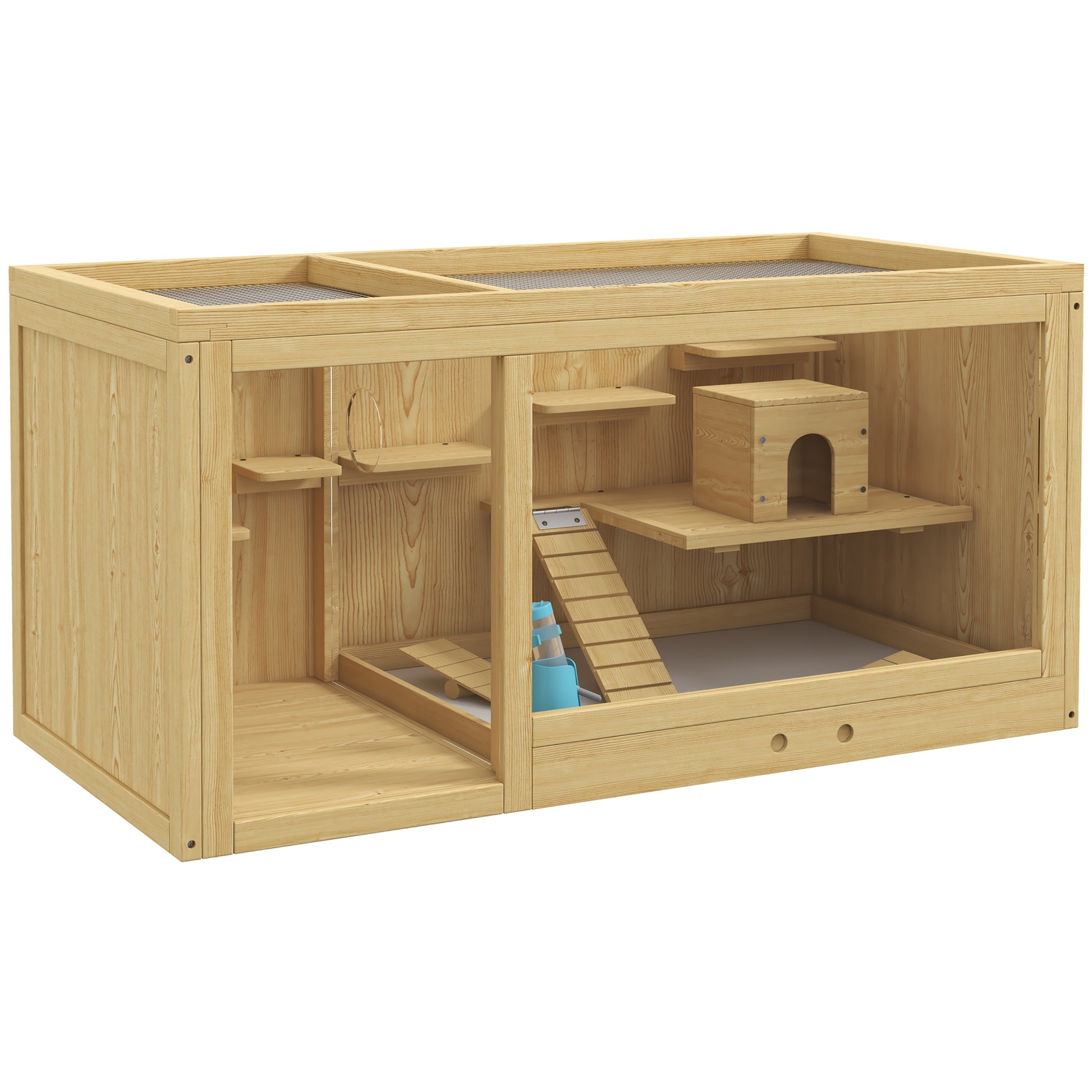 Wooden Hamster Cage Rodent Cage Small Animal Cage with Folding Lid Swings, Ladders Feeding Bowl and Accessories, Wooden Cage Cage for Hamster Dwarf Hamster Gerbil 100 x 50 x 50cm Natural