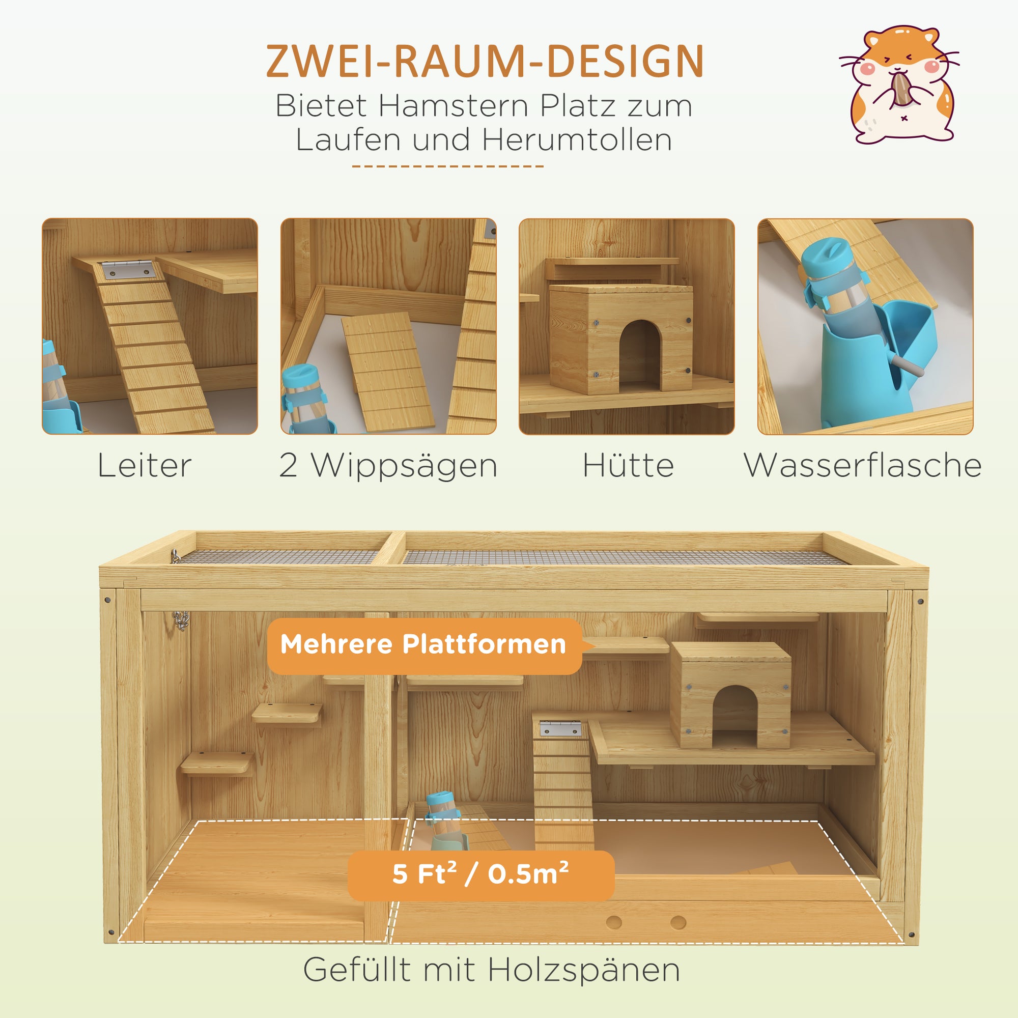 Wooden Hamster Cage Rodent Cage Small Animal Cage with Folding Lid Swings, Ladders Feeding Bowl and Accessories, Wooden Cage Cage for Hamster Dwarf Hamster Gerbil 100 x 50 x 50cm Natural