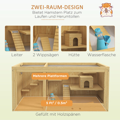 Wooden Hamster Cage Rodent Cage Small Animal Cage with Folding Lid Swings, Ladders Feeding Bowl and Accessories, Wooden Cage Cage for Hamster Dwarf Hamster Gerbil 100 x 50 x 50cm Natural