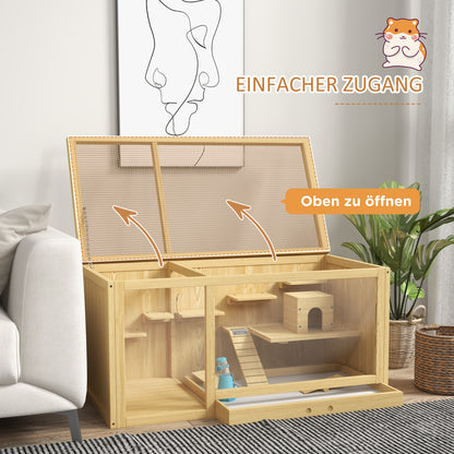 Wooden Hamster Cage Rodent Cage Small Animal Cage with Folding Lid Swings, Ladders Feeding Bowl and Accessories, Wooden Cage Cage for Hamster Dwarf Hamster Gerbil 100 x 50 x 50cm Natural