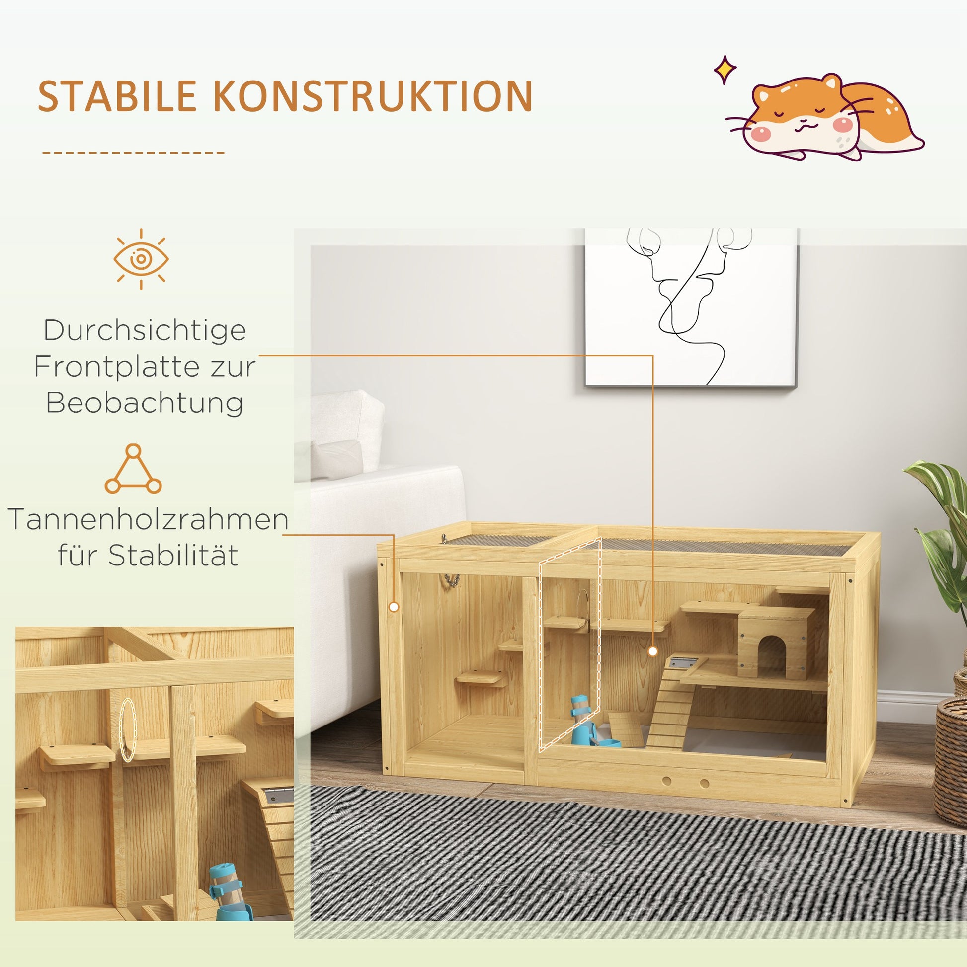 Wooden Hamster Cage Rodent Cage Small Animal Cage with Folding Lid Swings, Ladders Feeding Bowl and Accessories, Wooden Cage Cage for Hamster Dwarf Hamster Gerbil 100 x 50 x 50cm Natural