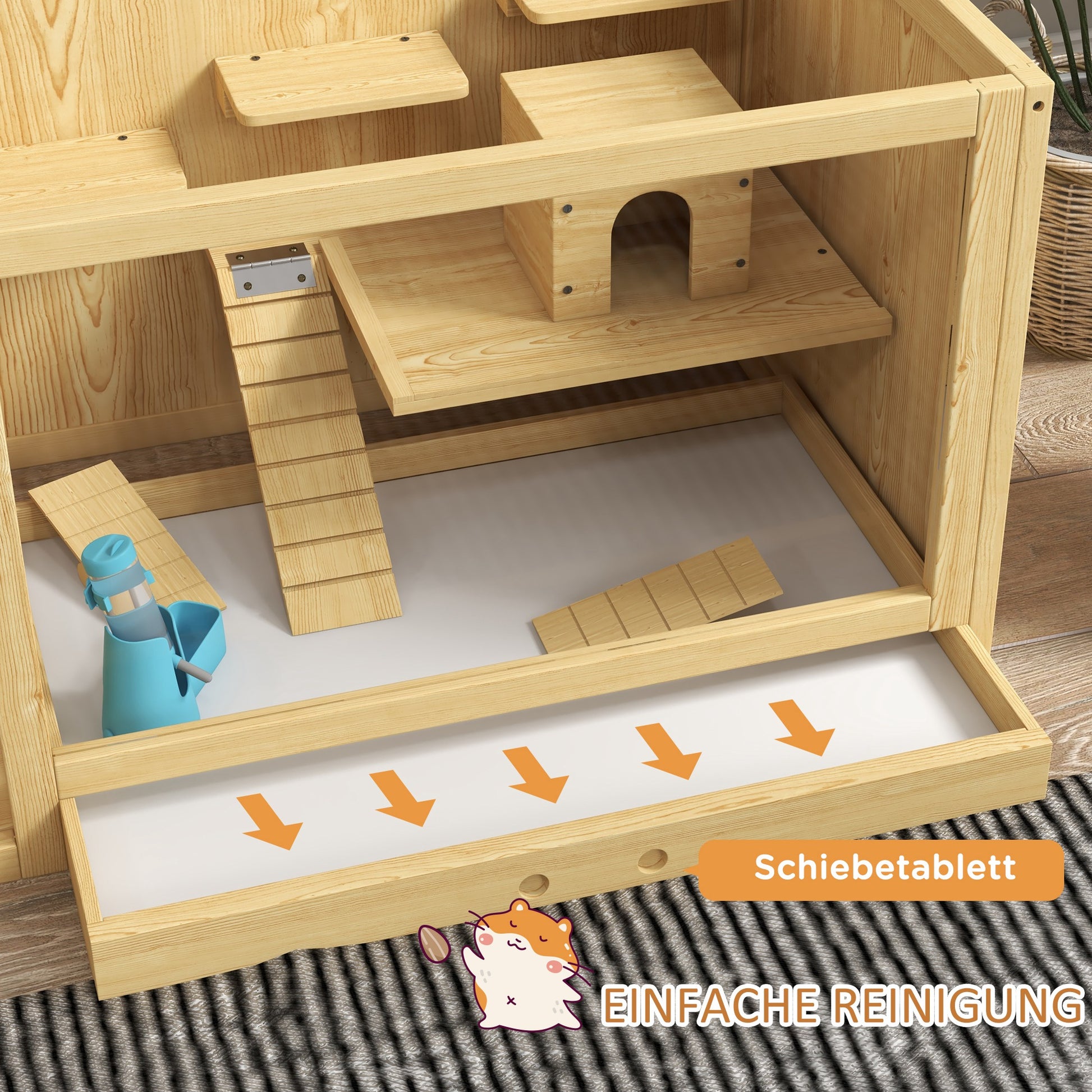 Wooden Hamster Cage Rodent Cage Small Animal Cage with Folding Lid Swings, Ladders Feeding Bowl and Accessories, Wooden Cage Cage for Hamster Dwarf Hamster Gerbil 100 x 50 x 50cm Natural