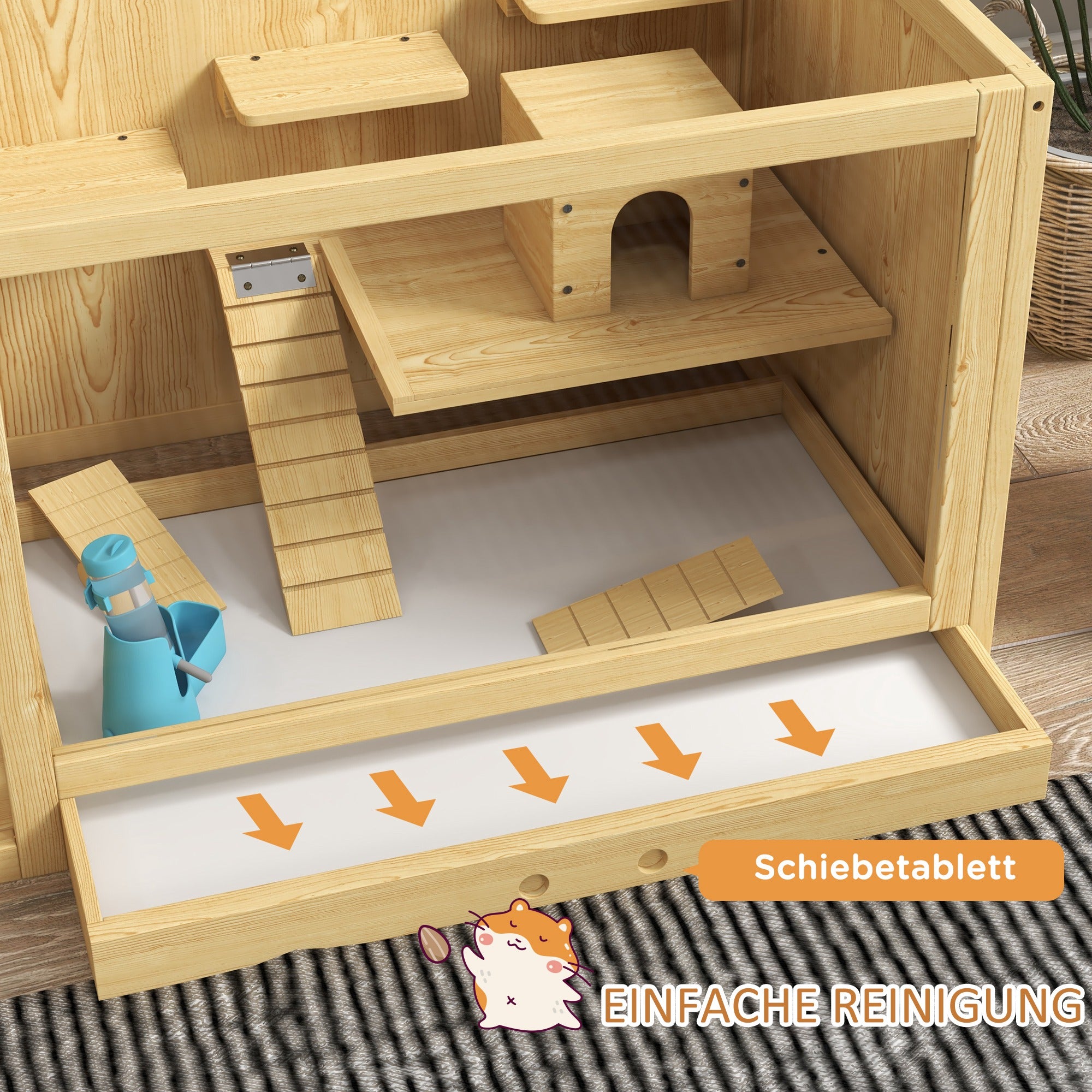 Wooden Hamster Cage Rodent Cage Small Animal Cage with Folding Lid Swings, Ladders Feeding Bowl and Accessories, Wooden Cage Cage for Hamster Dwarf Hamster Gerbil 100 x 50 x 50cm Natural