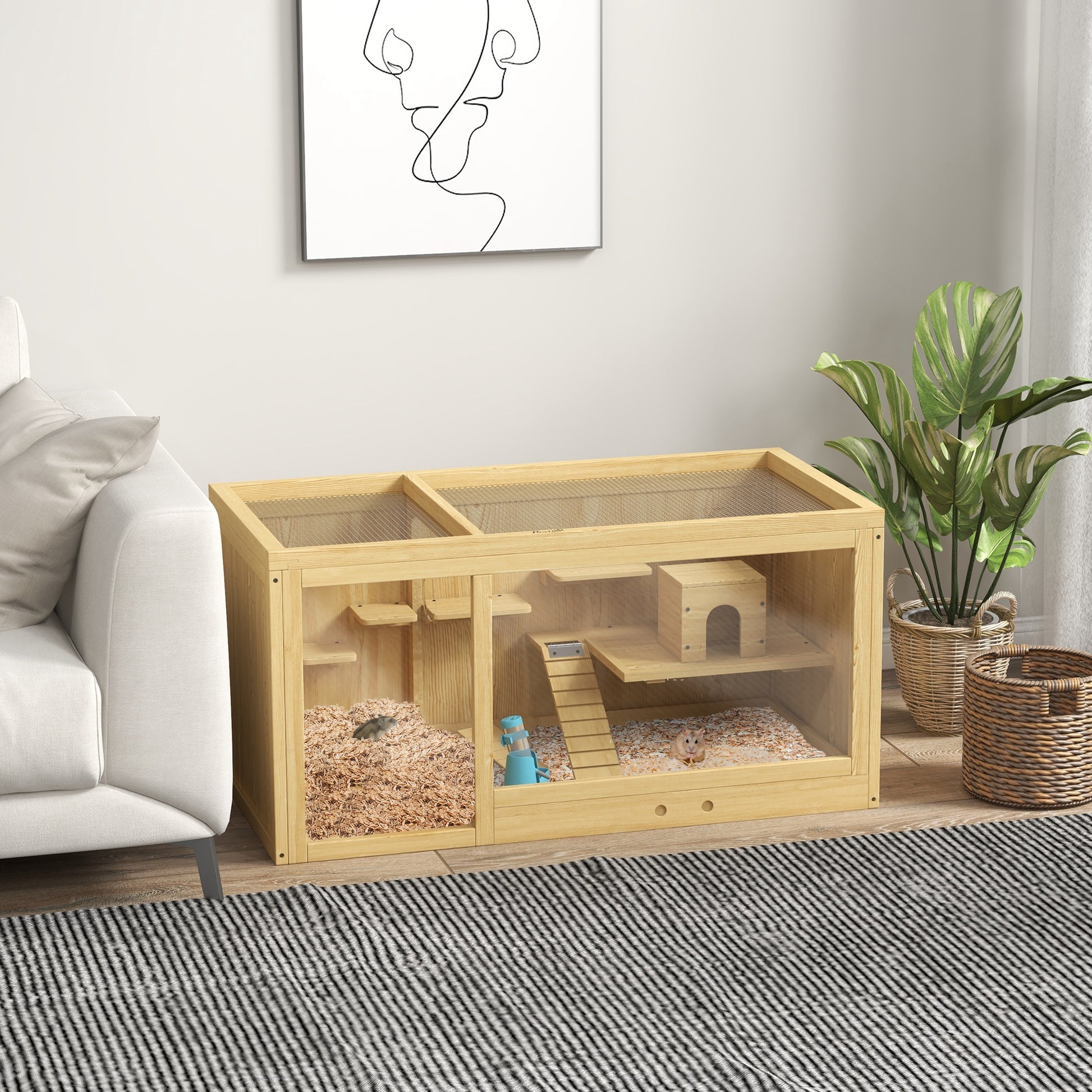 Wooden Hamster Cage Rodent Cage Small Animal Cage with Folding Lid Swings, Ladders Feeding Bowl and Accessories, Wooden Cage Cage for Hamster Dwarf Hamster Gerbil 100 x 50 x 50cm Natural